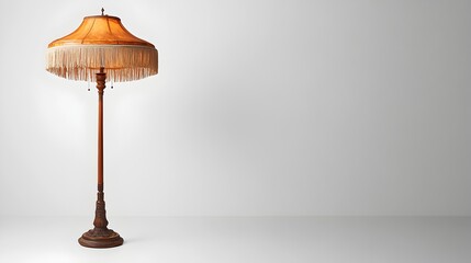 A vintage floor lamp with a fringed ornately decorated lampshade stands elegantly on a white background creating a warm and cozy ambiance with its classic timeless design