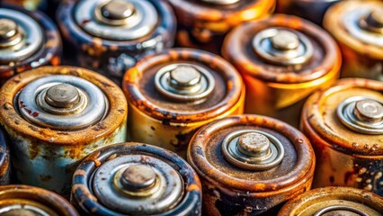 Obraz premium Close-up of corroded batteries leaking chemicals, hazardous waste, environmental impact , corroded