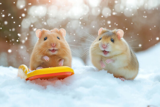 Two cute hamsters are having fun on a snowy slide. One hamster sits on a sled, and the other stands nearby. Both hamsters are smiling and looking happy. Winter fun concept