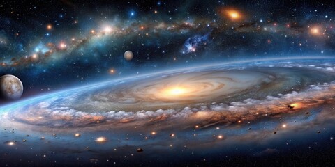 Panoramic view of a space scene filled with stars and galaxies, space, stars, galaxy, universe, astronomy, cosmic