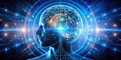 Futuristic concept of Singularity, where technology and intelligence merge, AI, robotics