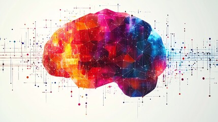 Vector design of an abstract geometric representation of the human brain with bright colors and clean lines emphasizing creativity and intelligence