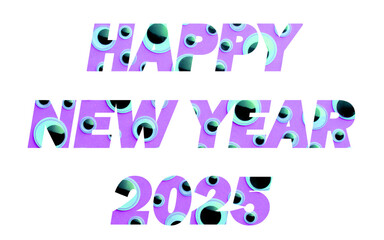 Happy new year 2025, stylish text with light pink, purple and multicolor and black ball design masking	