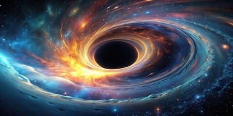 A mysterious black hole in space with swirling vortex of light and matter, space, astronomy, galaxy, universe, cosmic