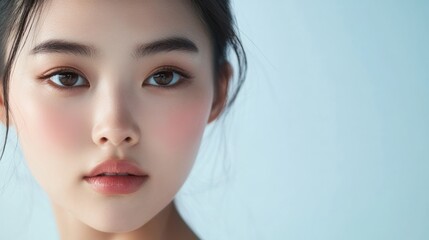 Fototapeta premium Close-up Portrait of a Young Woman with Soft Skin and Makeup.