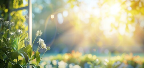 Obraz premium A serene nature scene with soft sunlight filtering through trees, illuminating delicate flowers in a peaceful garden setting.