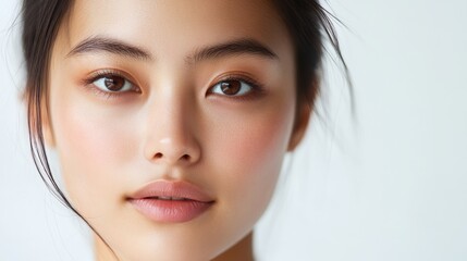 Fototapeta premium Close-up of Young Woman's Face with Soft Skin and Brown Eyes.