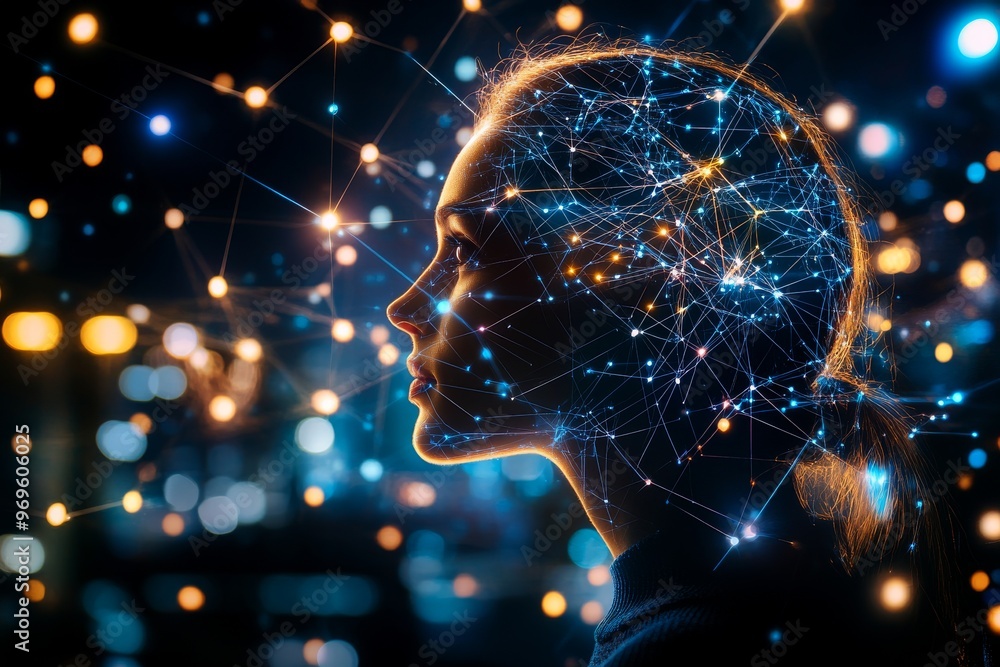 Poster neuron cognitive development subconscious and cortical activity womans silhouette with neural connec