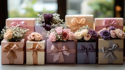 A collection of elegantly wrapped gifts with intricate floral bows, perfect for special occasions, celebrations, and making someone's day memorable with a thoughtful touch.