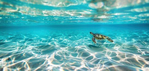 Fototapeta premium A serene underwater scene featuring a graceful turtle gliding through crystal-clear turquoise waters, showcasing marine beauty.