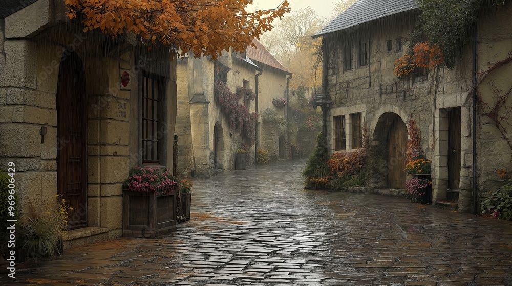 Poster a charming cobblestone street in a small village, the rain creating a soft