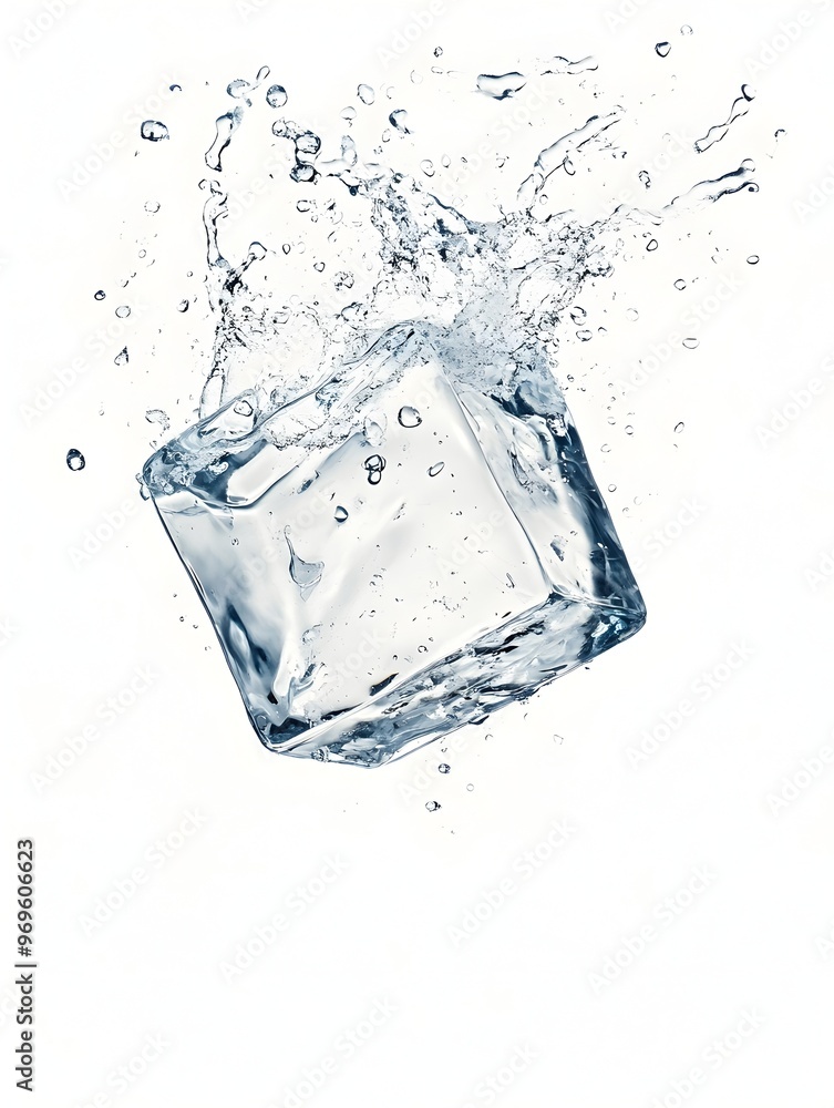 Poster and abstract background featuring a frozen water cube with dynamic splash and motion creating a conc