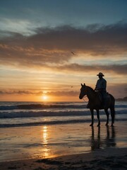 Silhouette of a man and horse on the beach at sunset with watercolor background.