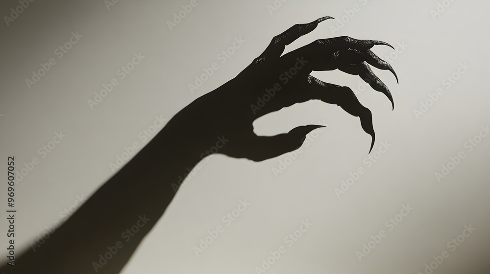 Poster an ominous shadowy hand gesture silhouetted against a dark obscured background creating a suspensefu