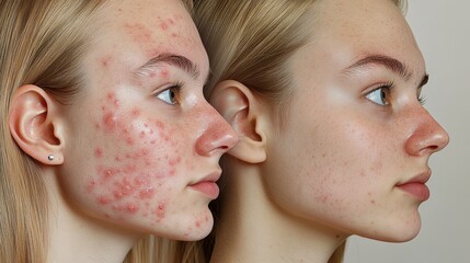 Obraz premium Before and After Acne Treatment on Young Woman's Face.