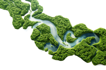 A top-down view of a winding river isolated on white background