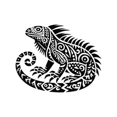 Iguana in folk art black and white silhouette illustration -