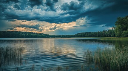 Obraz premium Dramatic Storm Clouds Over Calm Lake and Forest