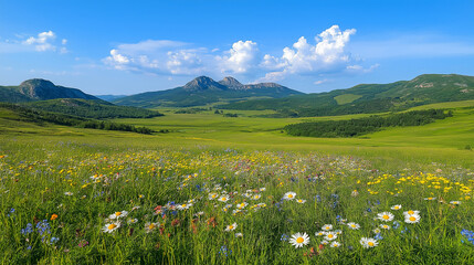 Wildflower-covered hills under a vibrant