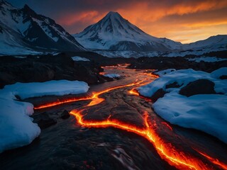Snow-capped mountains contrasted by a river of glowing lava, intense natural scene.