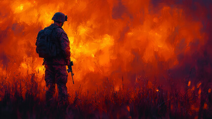 Naklejka premium Silhouette of a soldier standing in a field of tall grass against a fiery orange background.