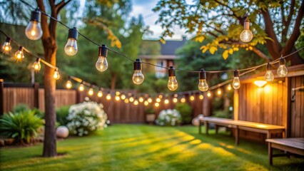 Obraz premium Outdoor party string lights hanging in backyard, festive, celebration, lighting, decoration, backyard, summer, night