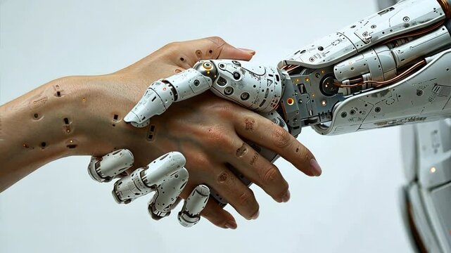 Human-Robot Handshake: A symbol of the merging worlds of man and machine, as a human hand clasps a robotic one in a gesture of collaboration and progress. 