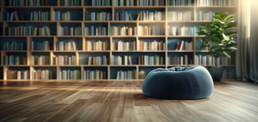 Cozy reading nook with a bean bag chair and a large bookshelf filled with books, perfect for relaxing and enjoying literature.