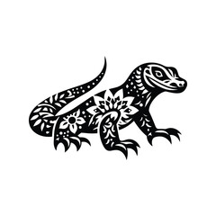 Fototapeta premium Komodo in folk art black and white silhouette illustration -