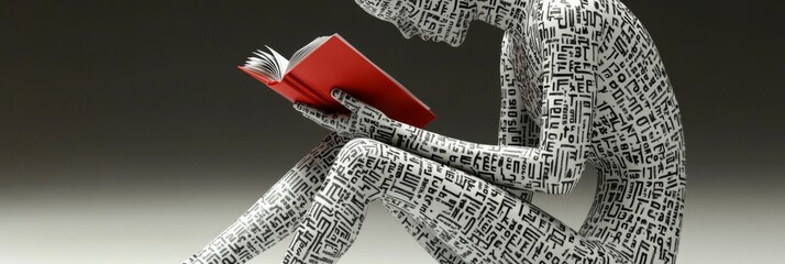 This unique image features a sculpture covered in black alphanumeric characters, attentively reading a red book, symbolizing knowledge, learning, and the fusion of art and text.