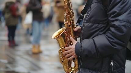 Naklejka premium Jazz saxophonist captivates audience with masterful performance on the iconic instrument
