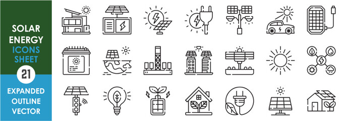 A set of line icons related to Solar Energy. Solar, electric, bulb, green energy, battery, traffic light, home, charge, and so on. Vector outline icons set.