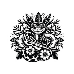 Fototapeta premium Python in folk art black and white silhouette illustration -