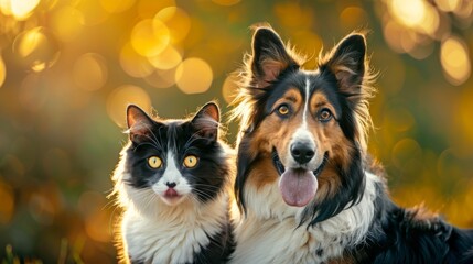 Naklejka premium Photo of a dog and a cat sitting together outdoors in the warm light of a sunset, highlighting their companionship and the beauty of nature with soft, golden hues.