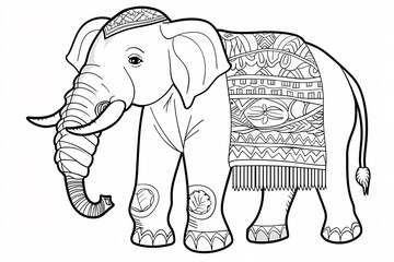 A beautifully illustrated elephant adorned with intricate patterns, showcasing its majestic form in a detailed black and white design.