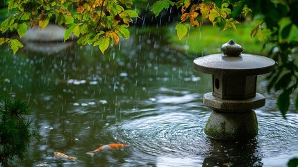 Naklejka premium A peaceful moment in a Japanese garden with a stone lantern