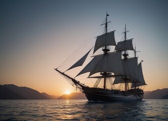 Obraz premium A beautiful sailboat is gently floating on the calm water during sunset