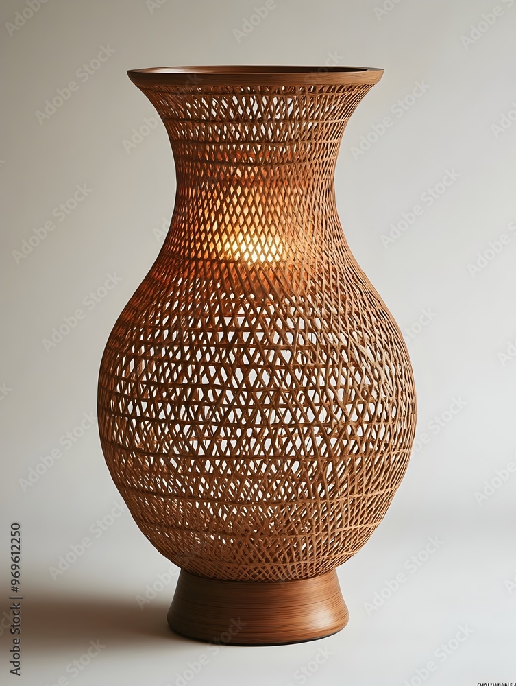 Poster bohemian style woven rattan floor lamp isolated on white background rustic and handcrafted lighting 