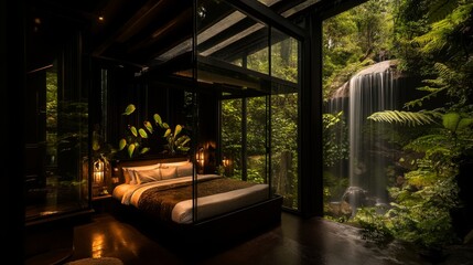 Fototapeta premium A luxurious bedroom with a large bed overlooks a stunning jungle scenery, complete with lush greenery and a majestic waterfall, creating a serene and exotic atmosphere.