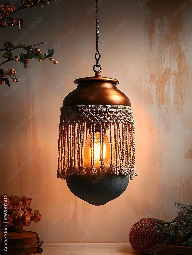 Poster boho style macrame hanging lamp with cozy warm glow and elegant textured design for inviting home de