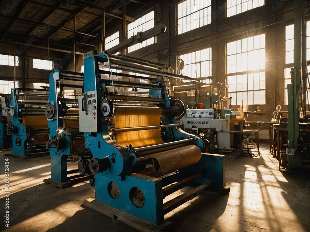Poster sunlight streaming into a textile factory filled with weaving machines in action.
