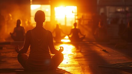 Peaceful yoga session in sunlit studio with practitioners meditating for relaxation and mindfulness