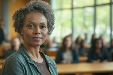 Fototapeta premium An African-American female professor stands in front of a classroom at a university. University study concept. Advertising banner.