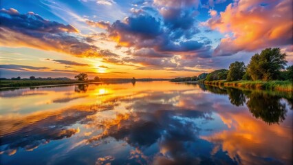 Sunset sky reflecting on calm river surface, sunset, river, water, reflection, calm, serene, nature, outdoors, dusk