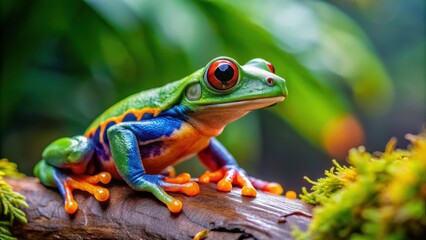 Fototapeta premium A close-up photo of a colorful frog in a natural habitat, amphibian, wildlife, tropical, vibrant, exotic, fauna, green, slimy, hop