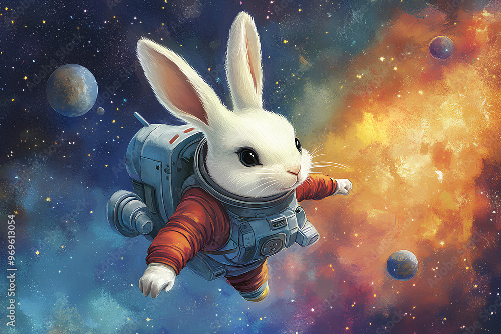 Poster a whimsical rabbit in a space suit floating through a colorful galaxy.