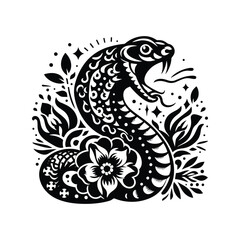snake in folk art black and white silhouette illustration -