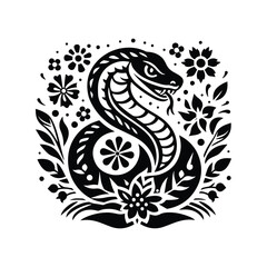 snake in folk art black and white silhouette illustration -