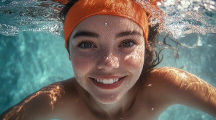 Underwater portrait of a young woman with a big smile.