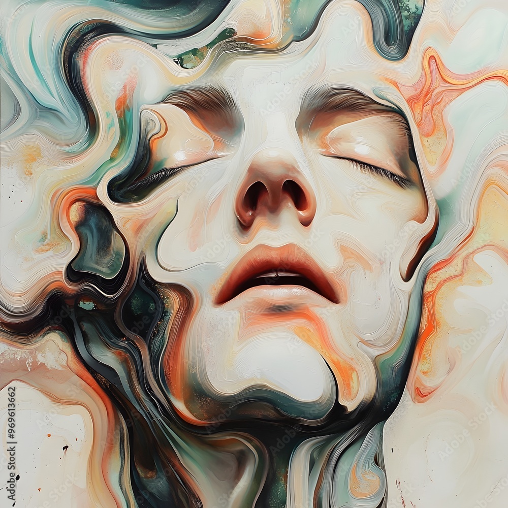 Poster captivating and mesmerizing surreal digital artwork featuring a swirling distorted and ethereal face